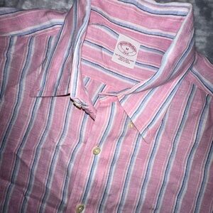 Brooks Brothers 100% Linen Mens Button Down Shirt Size Medium Pink Blue Stripes